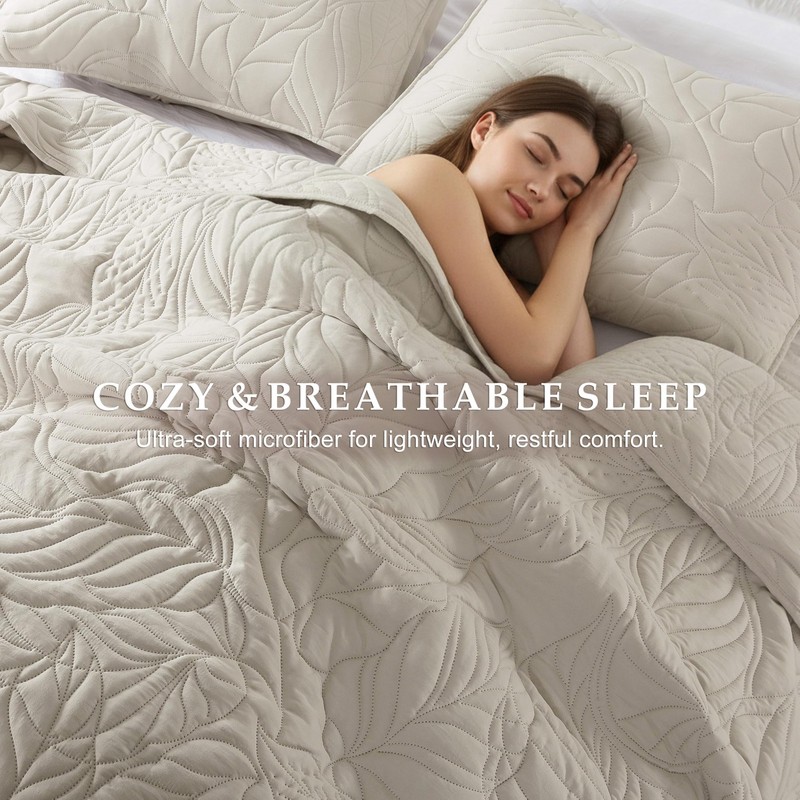 Beige King Size Quilt Set, Neutral Soft Lightweight Bedspread, Farmhouse Rustic gallery