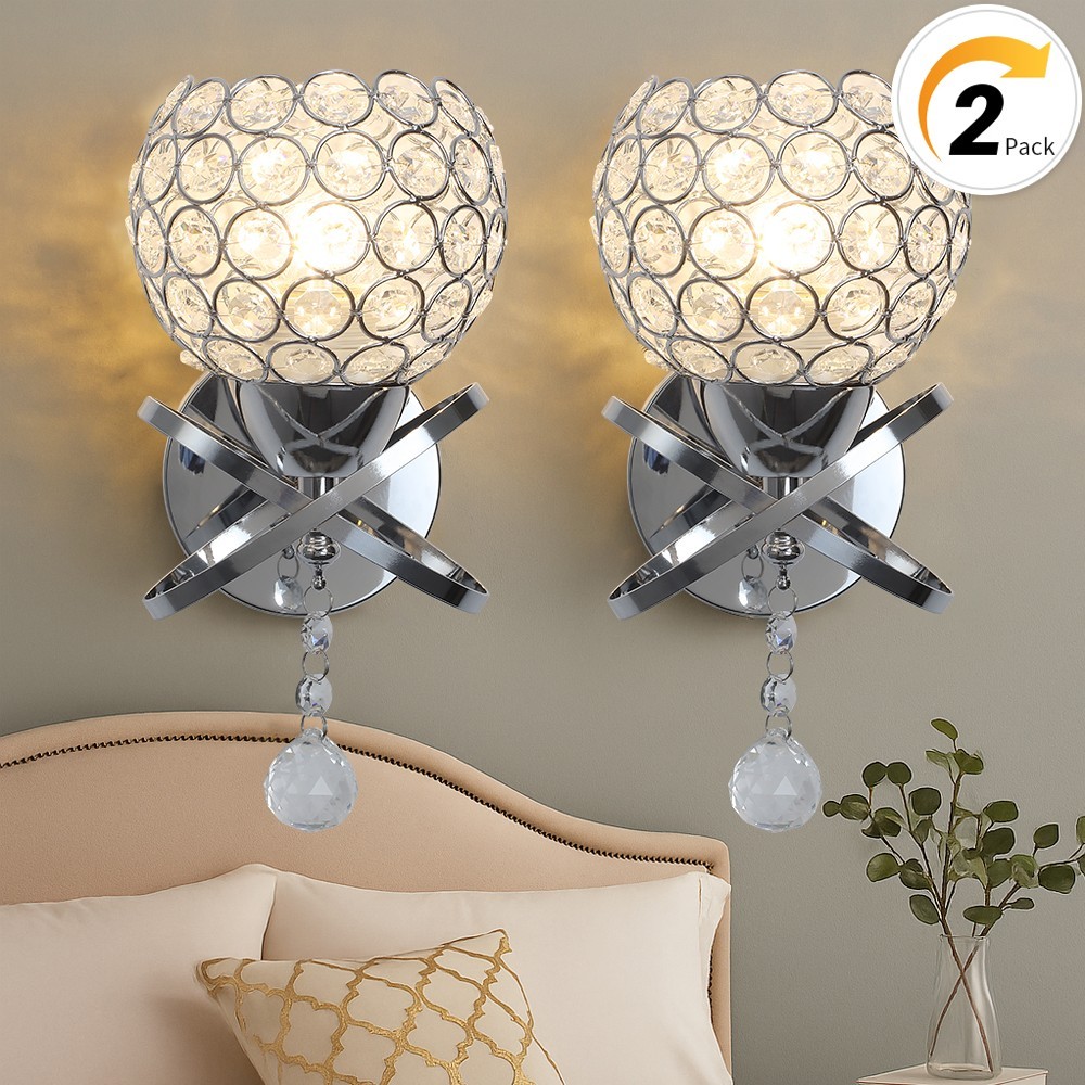 2-Pack Silver Crystal Wall Sconce, Modern E26 Hardwired Wall Light w/ Bulbs gallery