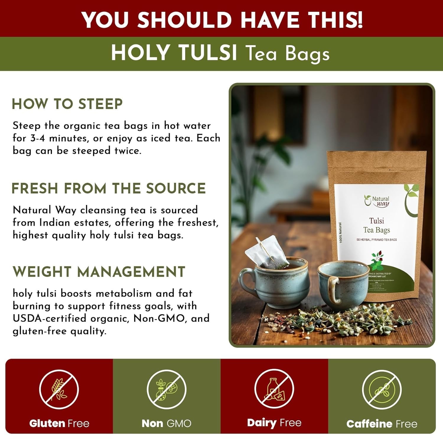 Tulsi Tea Bags | Pyramid Holy Basil Tea Bags 5 OZ (Pack of 50) gallery