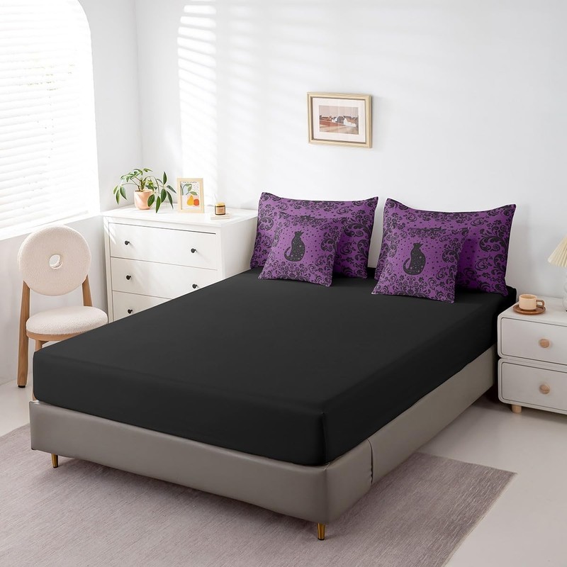 Boho Black Cat Queen Bedding Set 7 Piece Purple Black Halloween Gothic Comfor... gallery