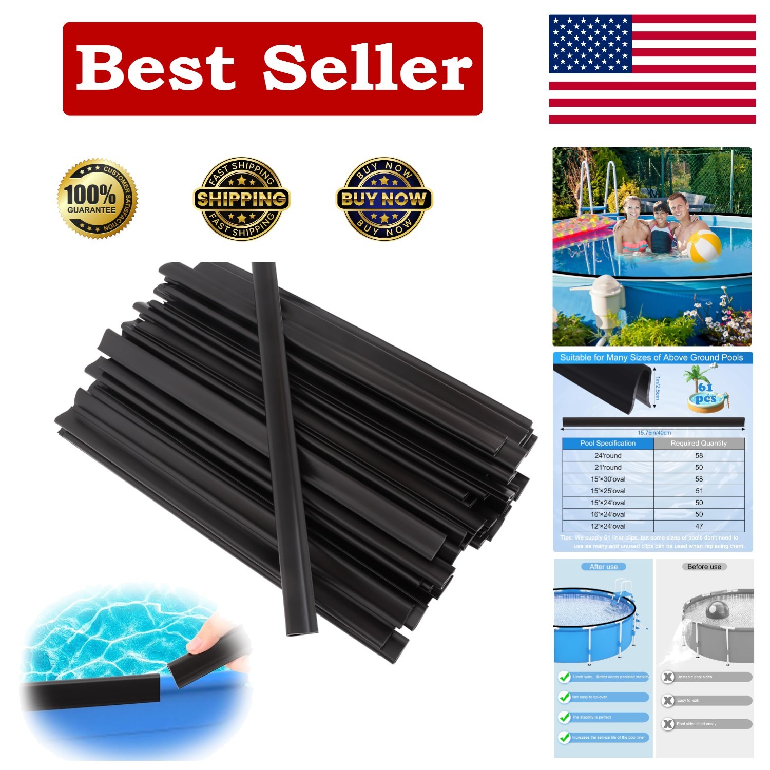 61-Piece Pool Liner Coping Strips Kit for Above Ground Pools â€“ 15.74" Long gallery