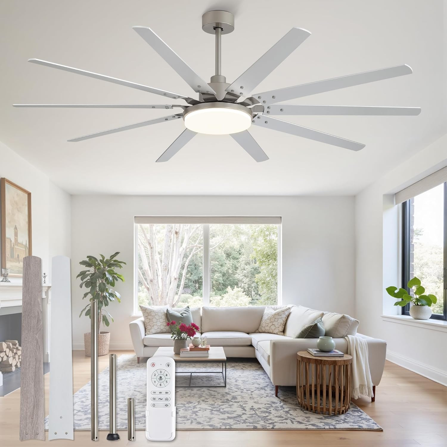 72" Modern Brushed Nickel Ceiling Fan with Lights, Remote & 6 Speed DC Motor gallery