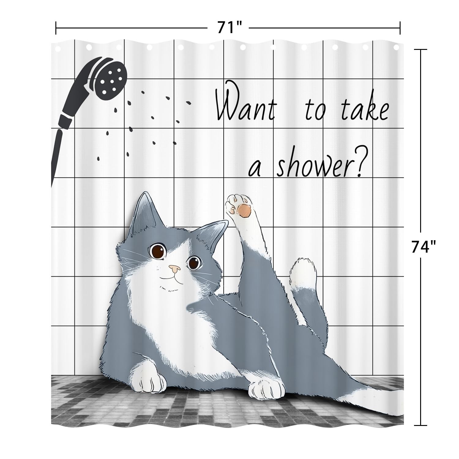 Cat Shower Curtain 12 Hooks Playful Kitty Cute Kids Bathroom 71x74 Inch gallery