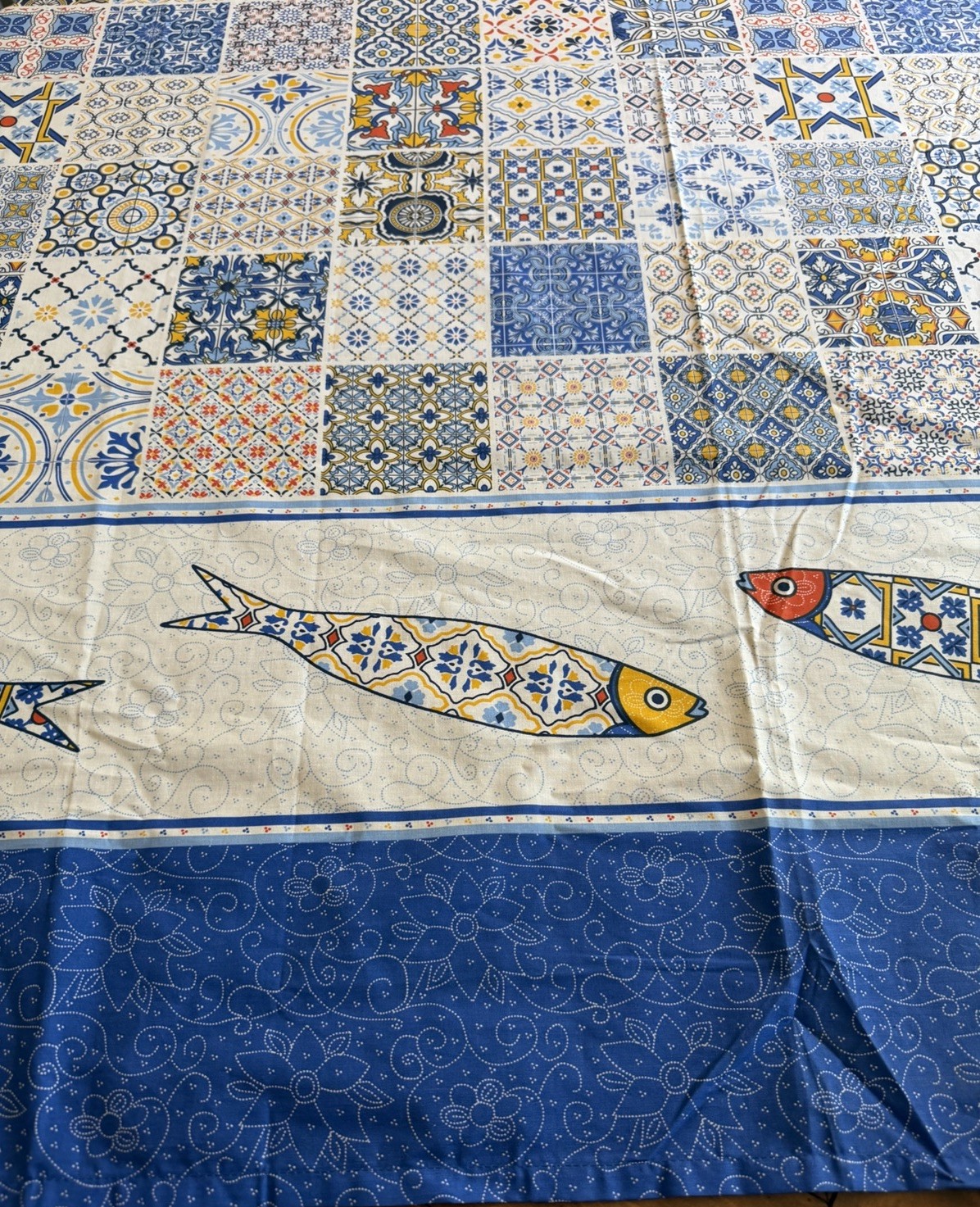 NEW! Regional Portuguese Tablecloth Multicolor Tile & Fish Pattern 117”x62”LONG! gallery