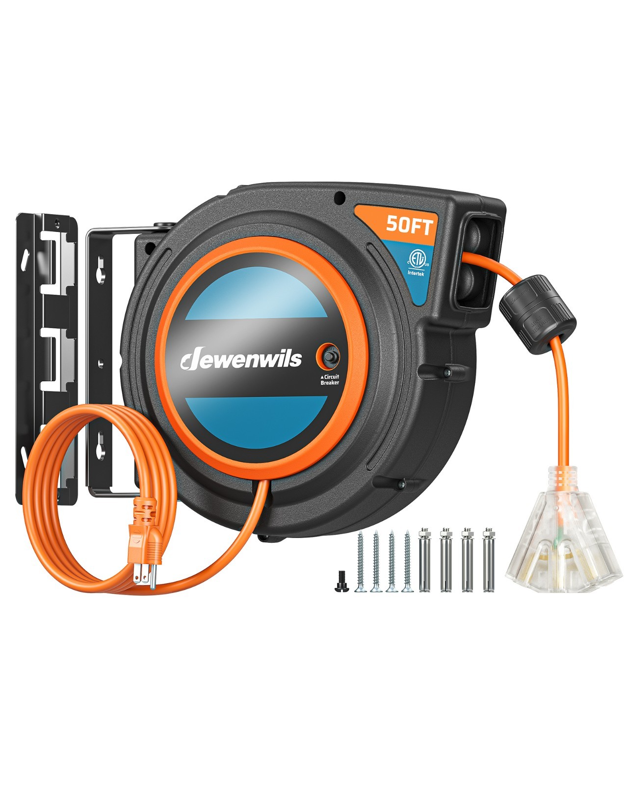 DEWENWILS Portable Retractable Cord Reel Orange Twist Lock Stopper Triple Tap gallery