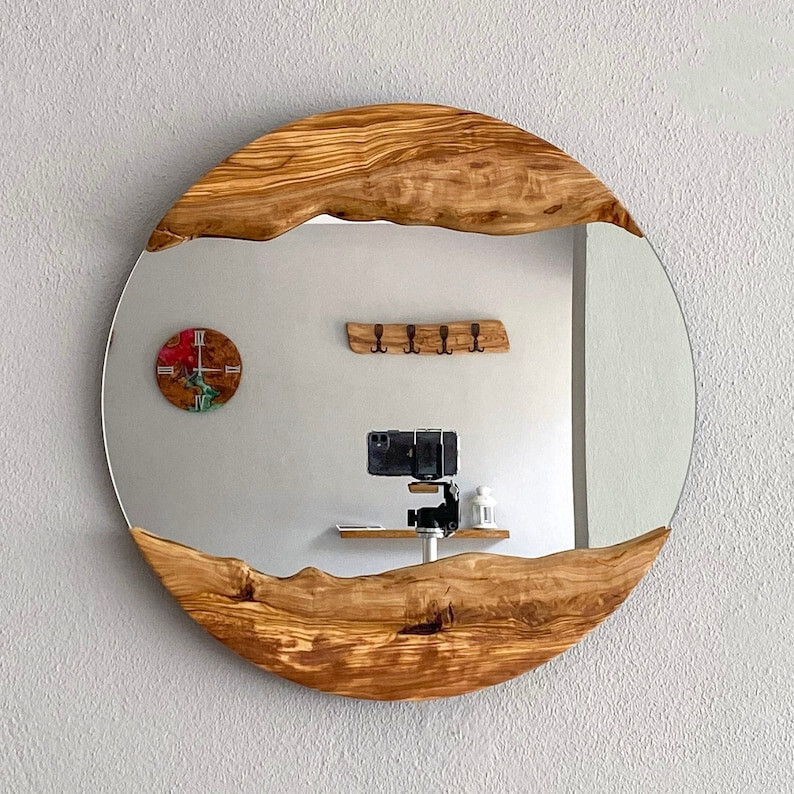 Made to Order, Olive Designer Round Shaped Live Edge Wood Wall Mirror, Frame gallery