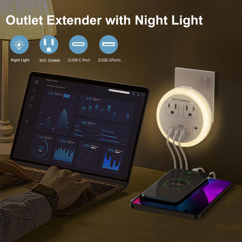 LED Night Lights Plug into Wall, Plug in Night Light with 4 USB Ports and 2 Outl gallery