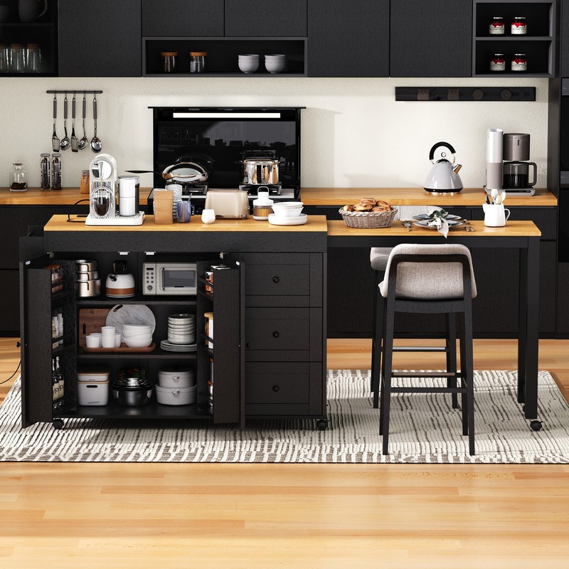 74.8 Inch Kitchen Island with Extendable Dining Table Rolling Storage Cart Power gallery