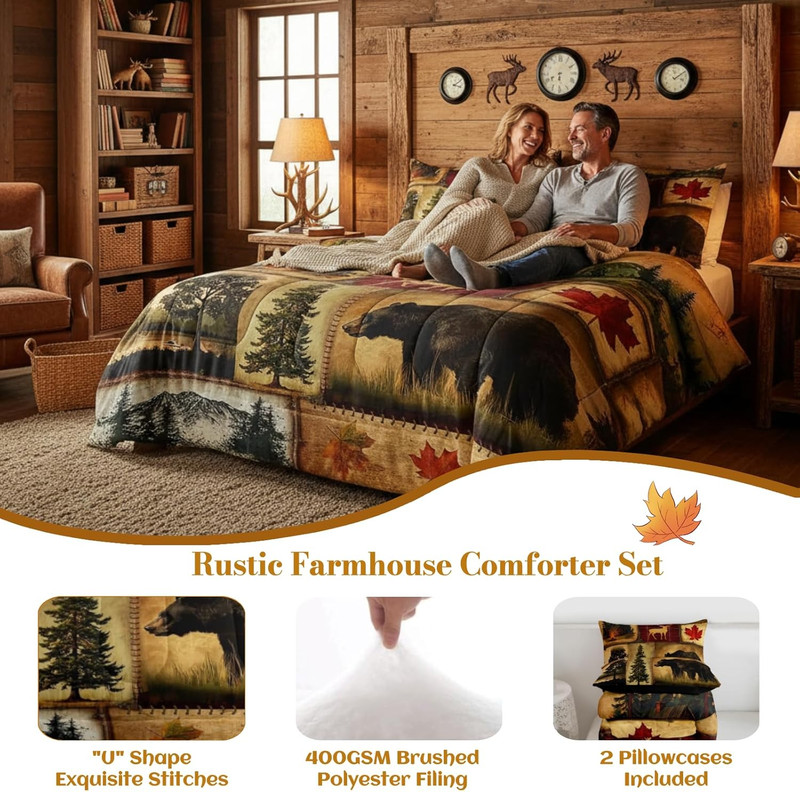 Rustic Farmhouse Bedding Comforter Sets King Size, Retro Cabin Lodge Bedding Set gallery