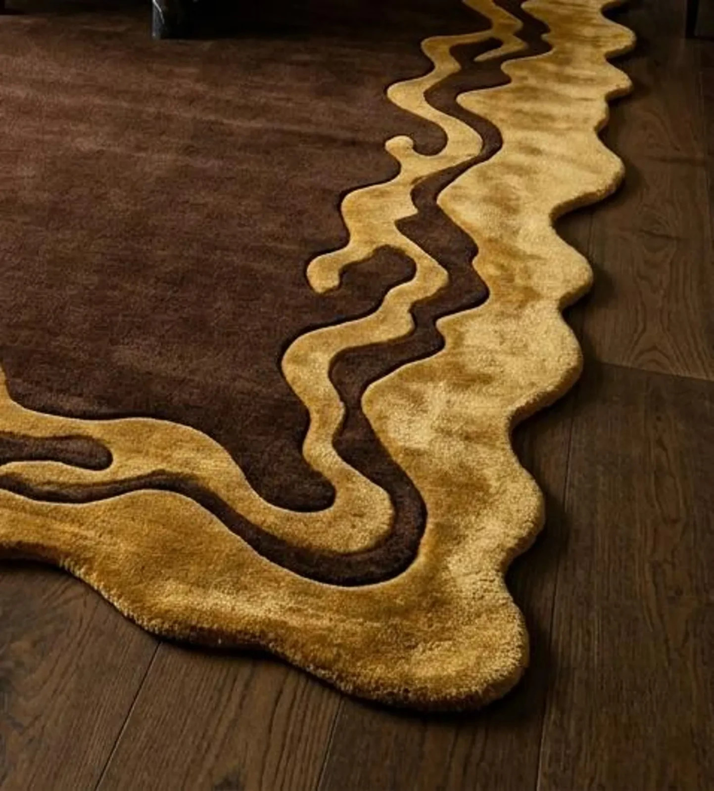 Modern Abstract Gold Border Area Rug Irregular Shape Large Modern Handmade Rug gallery