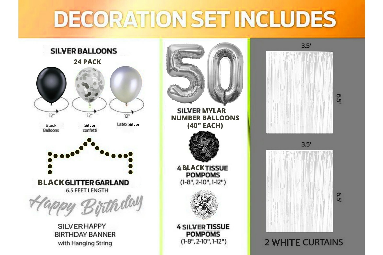 Silver & Black 50th Birthday Decorations - 40" Number Balloons &More Boy or Girl gallery