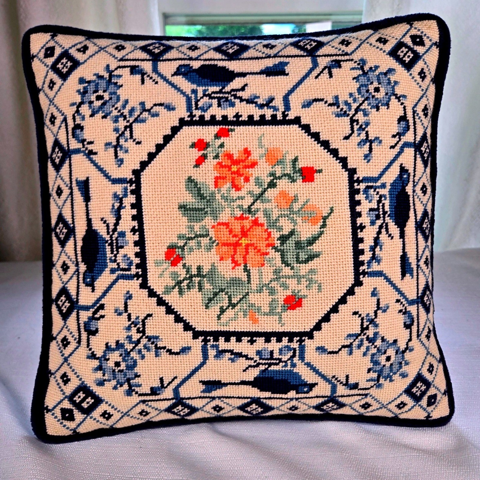 Vintage Style Needlepoint Floral Bird Accent Pillow Navy Blue Cream 14x14 gallery