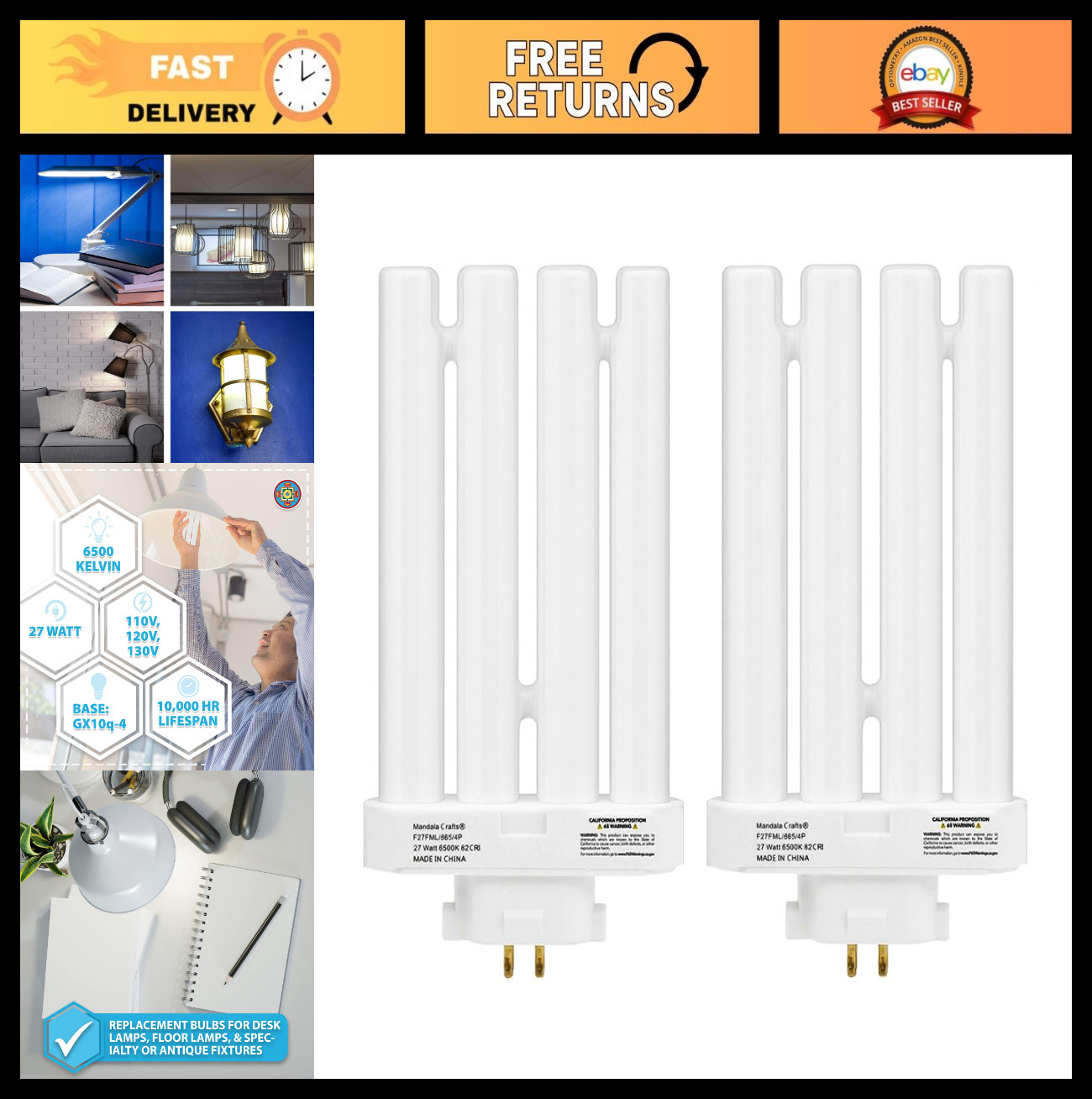 27W 6500K Daylight Compact Fluorescent Light Bulbs - 4-Pin GX10q-4 Base, 2 Pack gallery