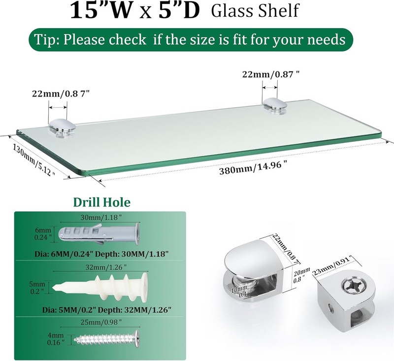 15x5 Inch Floating Chrome Tempered Glass Bathroom Wall Shelf gallery