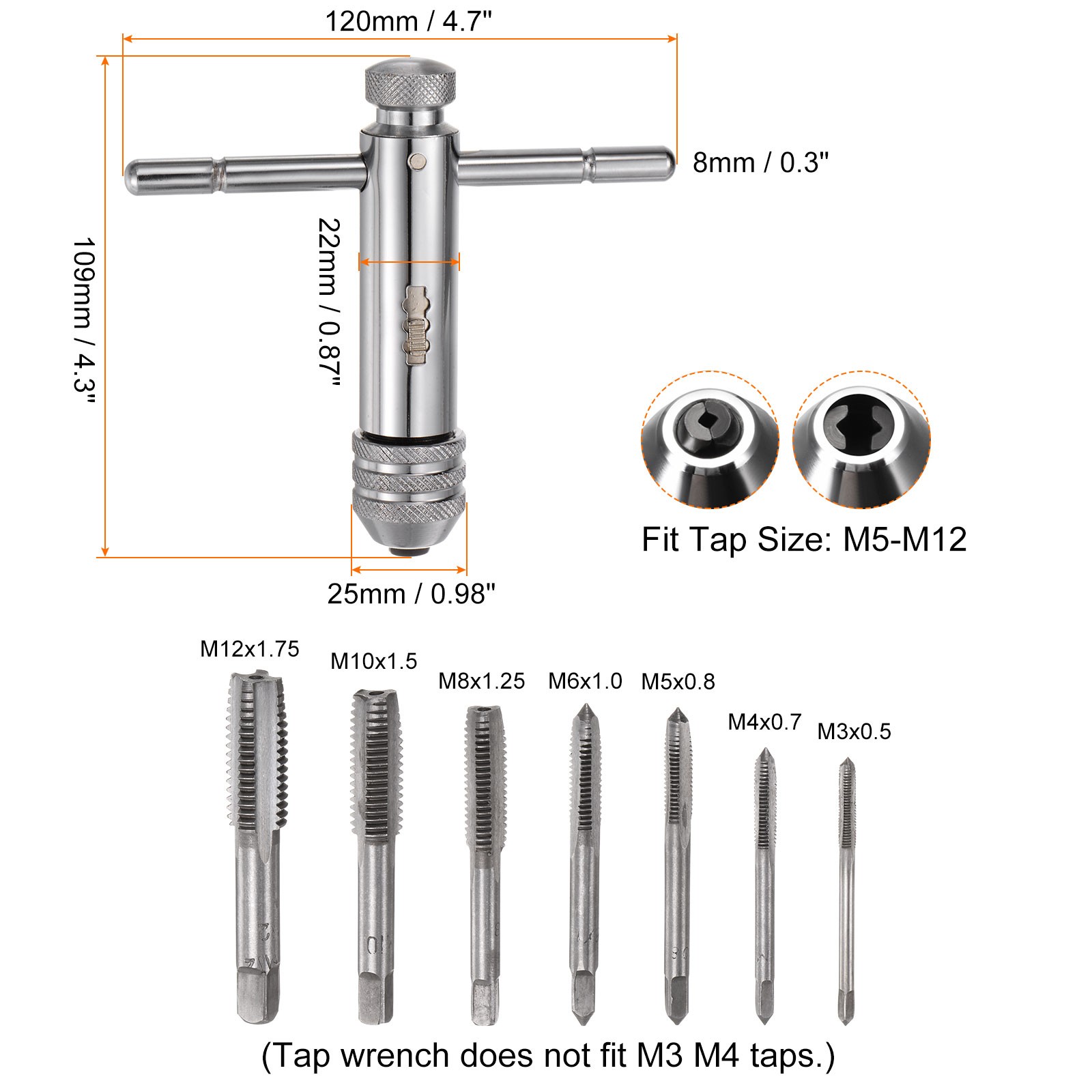 7pcs - Short T-Handle Ratchet Tap Wrench M3 M4 M5 M6 M8 M10 M12 Thread Tap gallery