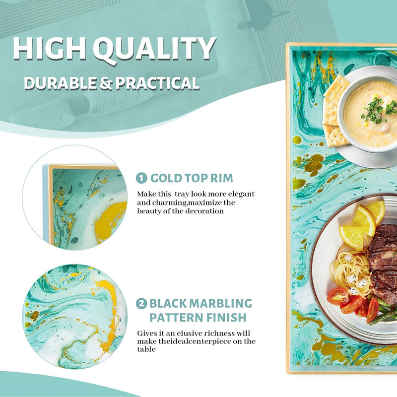 Turquoise Serving Tray with Handles, Plastic Decorative Tray for Coffee Table, M gallery