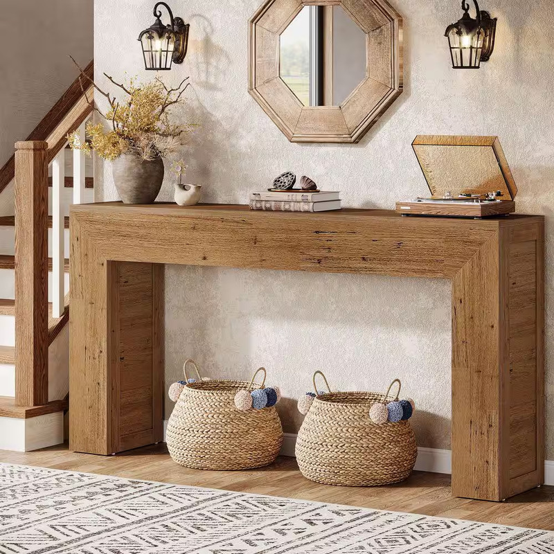 63 In. Brown Rectangle Engineered Wood Console Table, Sofa Table behind the Couc gallery