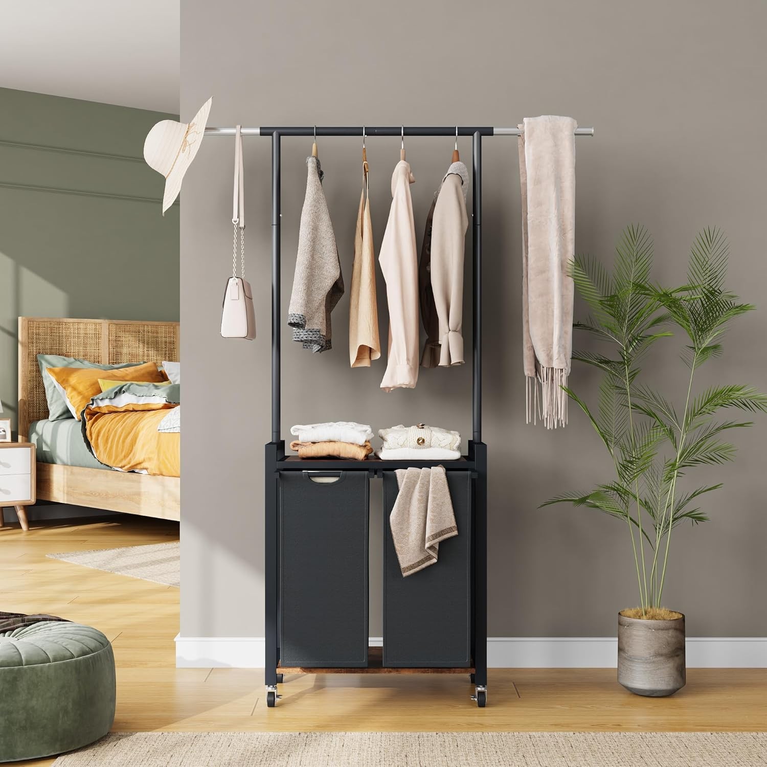 Rolling Laundry Cart with Hanging Rack & Utility Shelf Sorter-2 Bags with Wheels gallery