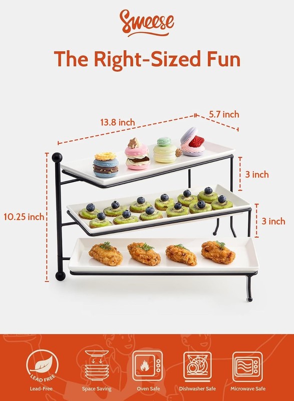 3 Tiered Serving Stand, Foldable Rectangular Food Display Stand with White Po... gallery