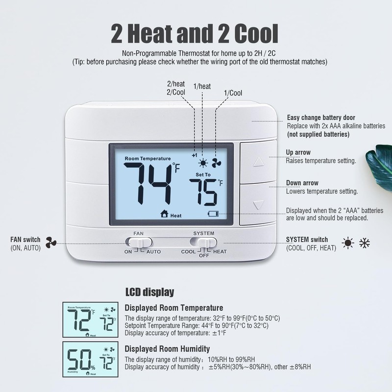 Non-Programmable Thermostats for House, up to 2 Heat/ 2 Cool, with Room Temperat gallery