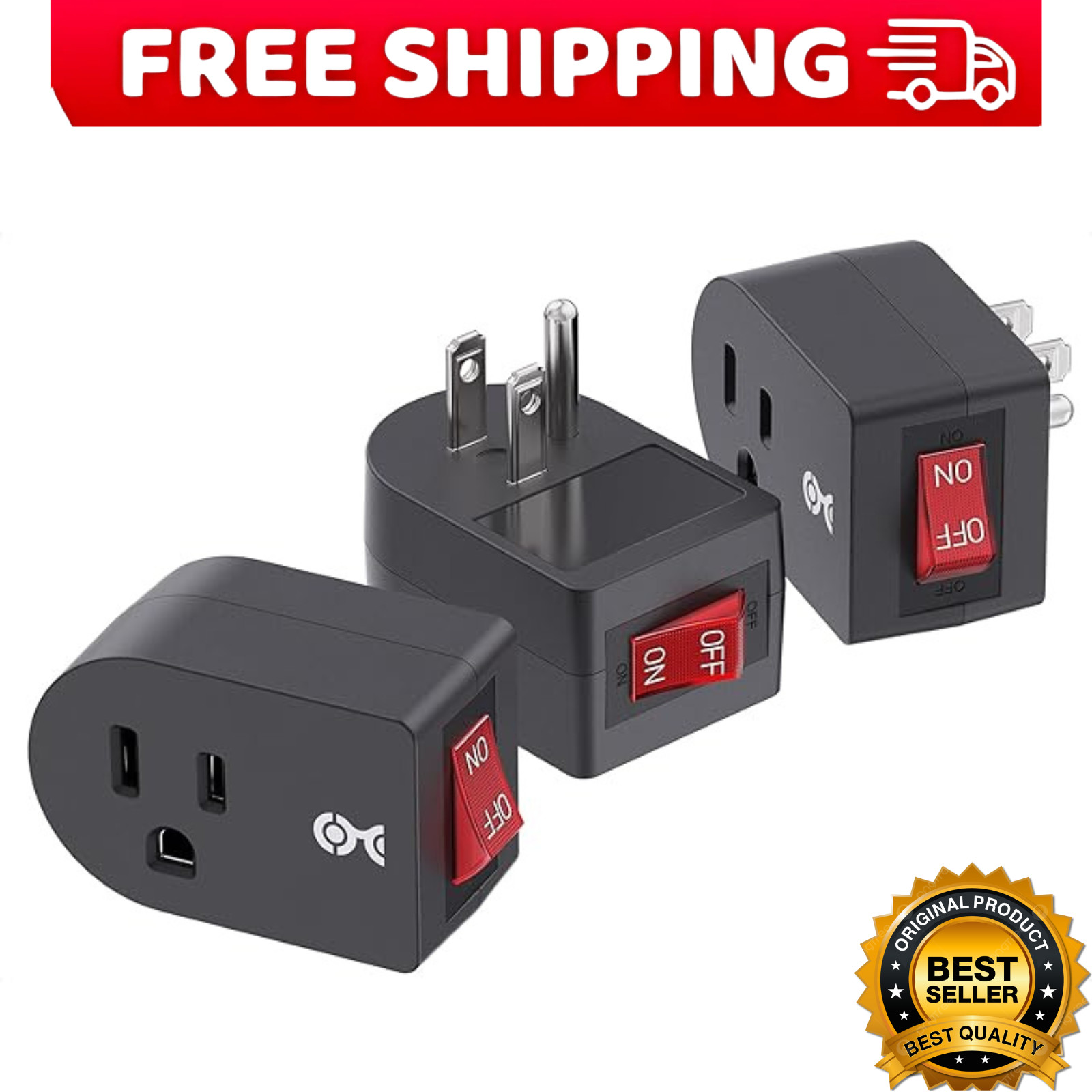 3 Pack Grounded Outlet With ON Off Switch Single Plug In Power Button Black NEW gallery