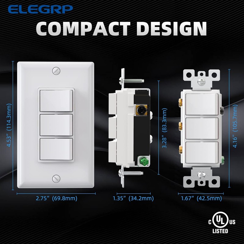 Decorator Triple Rocker Light Switch, Three Single Pole Electrical Paddle Switch gallery