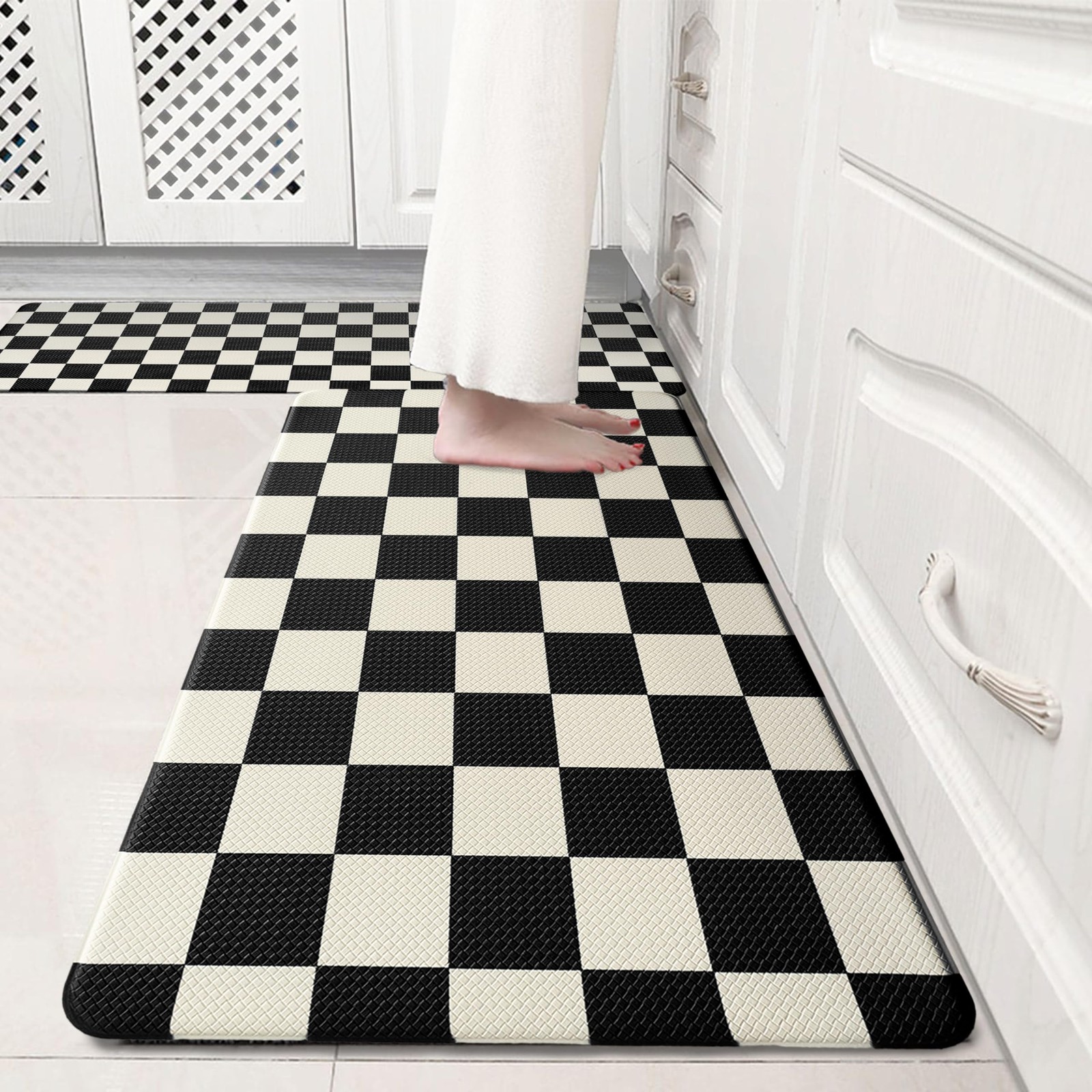 Beige Black Checkered Grid Checkerboard Kitchen Rug Sets [2 PCs], Anti gallery