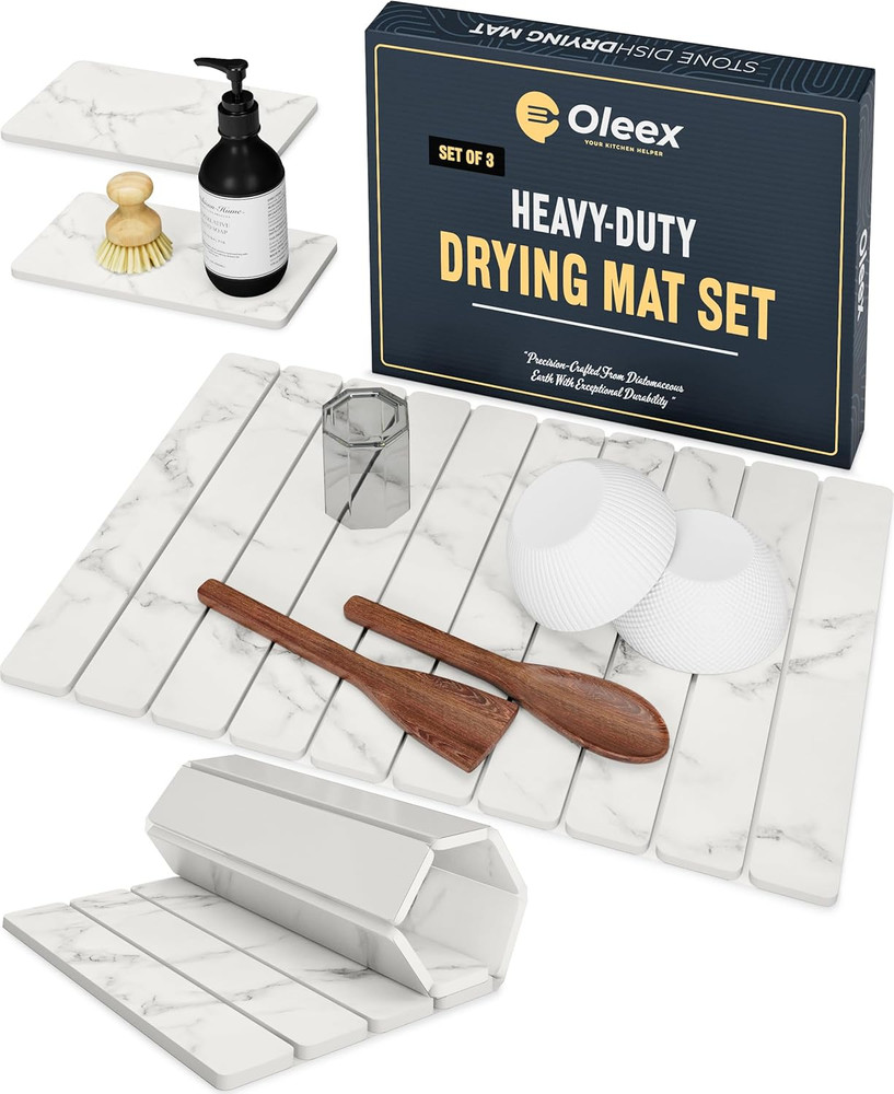 3-Pack Stone Dish Drying Mat Set Includes 1 Large 24”X16” & 2 Small 4”X9” for Ki