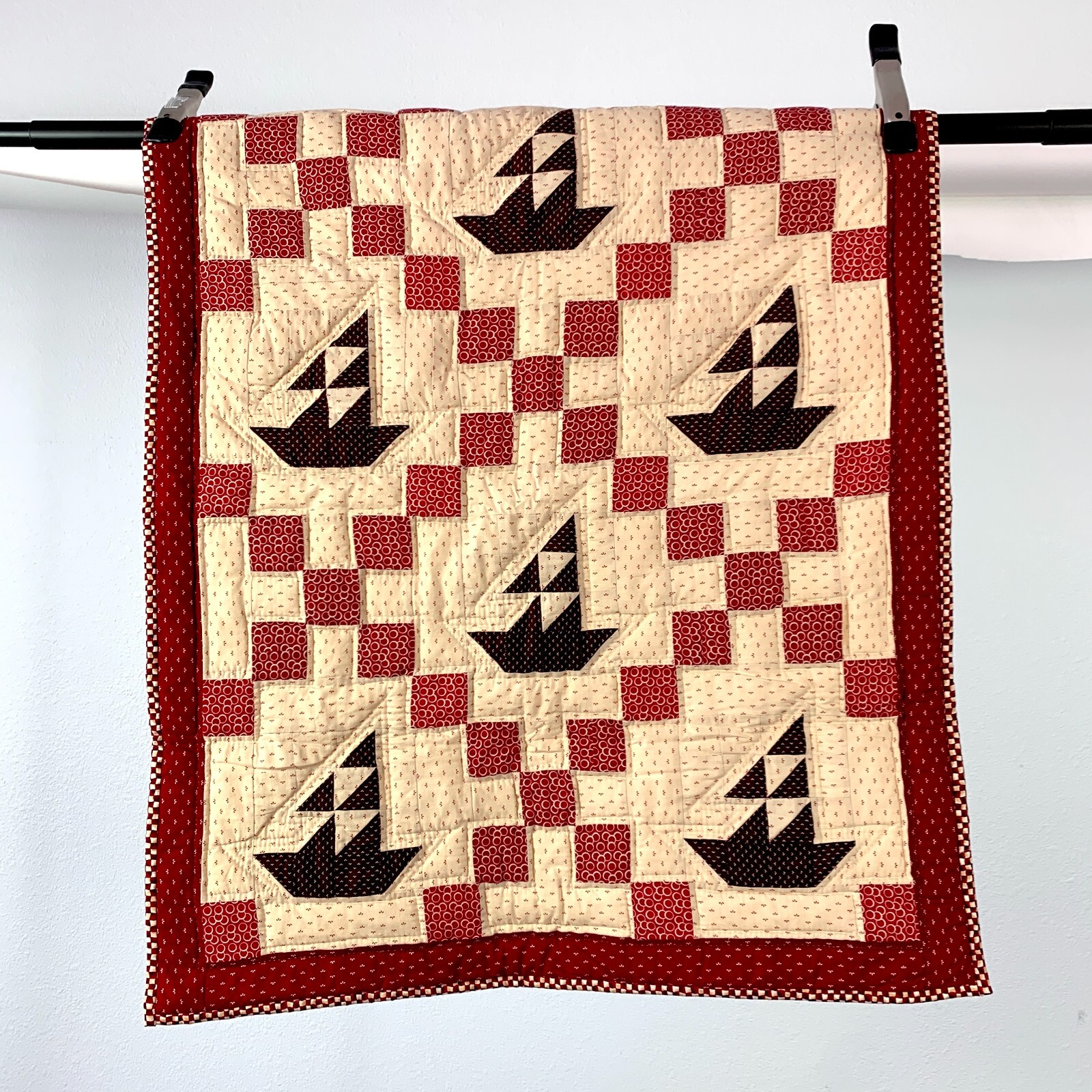 Hand Quilted Red Tan Brown Nautical Sailboats Baby Toddler Crib Quilt 31" x 38" gallery