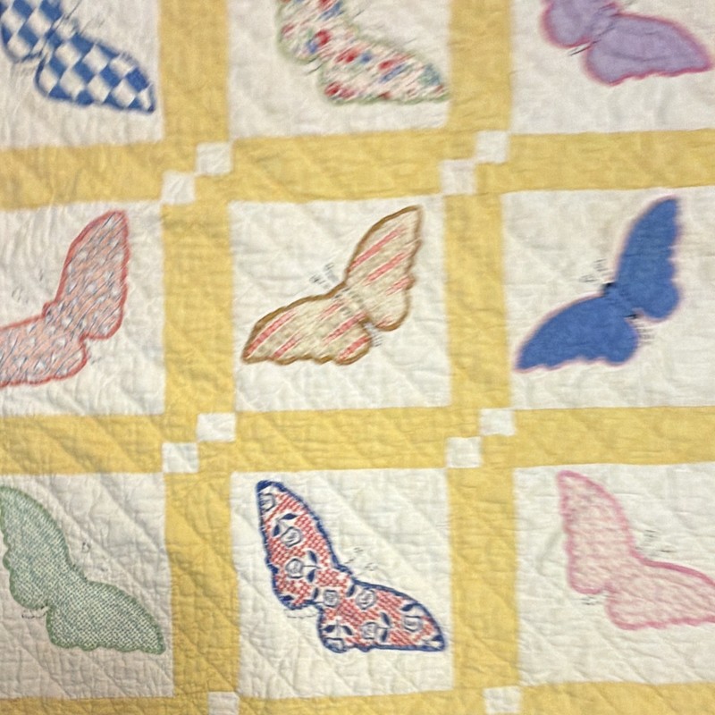 Patchwork Quilt Yellow & White w/ Multicolor Butterfly Squares Coverlet 63” x 73 gallery