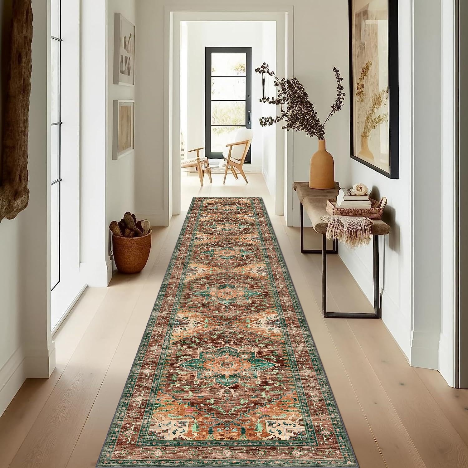 Yamaziot Washable Runner Rug, 2x12 Non-Slip Boho 2' x 12', Rust/Dull Teal gallery