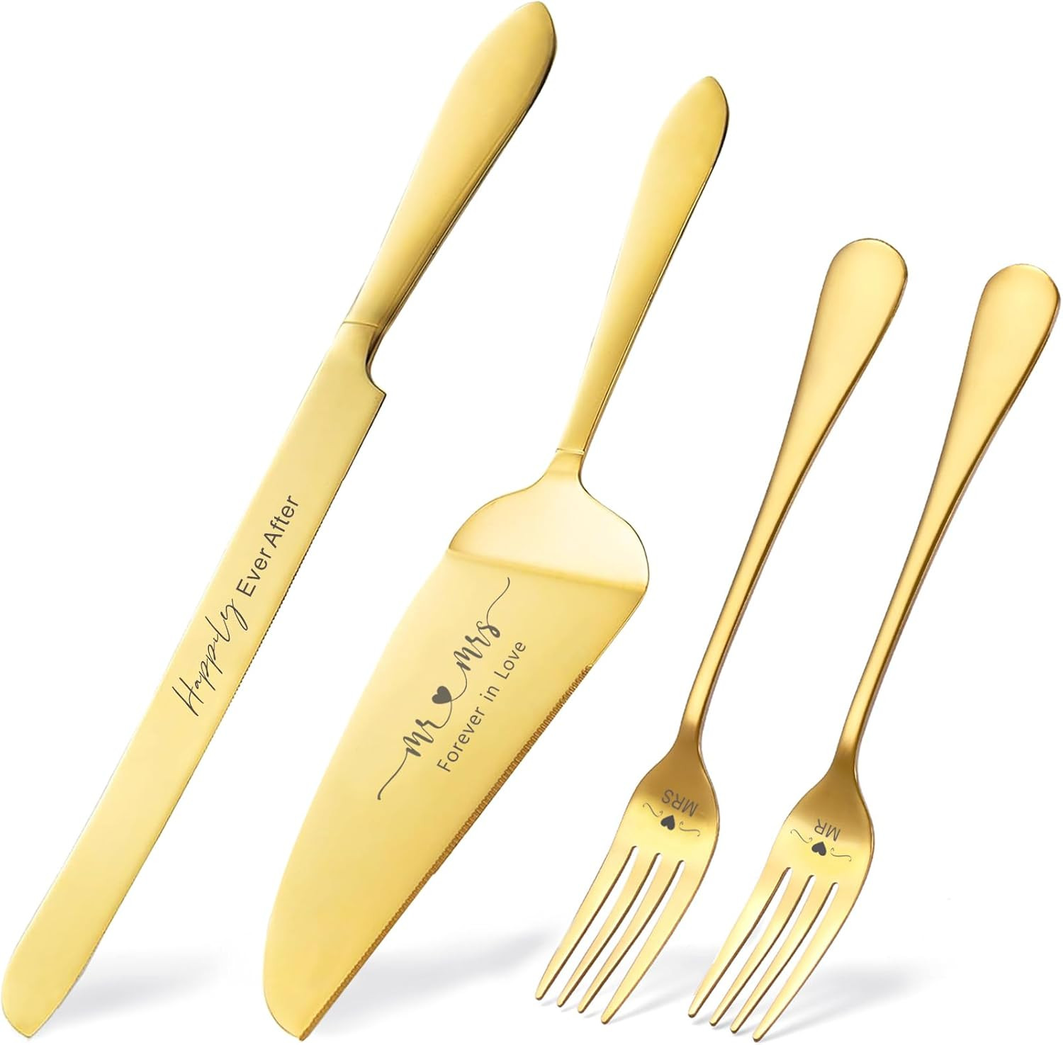 Wedding Cake Knife and Server Set, Engraved Mr and Mrs Gold Forks Cake Cutting S gallery