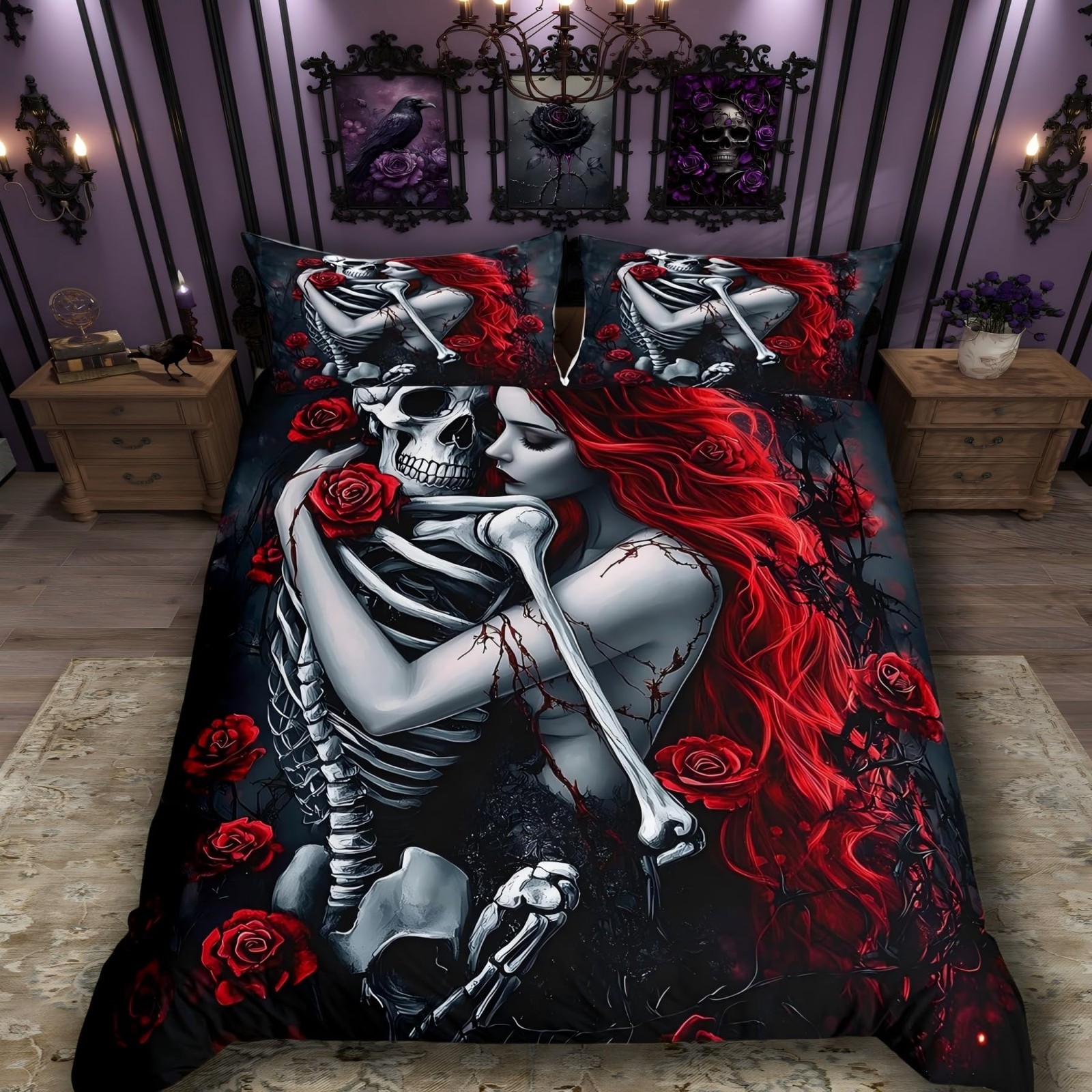 Erosebridal Gothic Bedding Set Red Rose Comforter Set Goth Skull Art Style Soft gallery