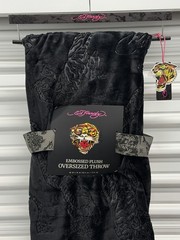 Ed Hardy Oversized BLK Plush Throw Blanket Embossed Tiger Tattoo Art 60″ x 70″