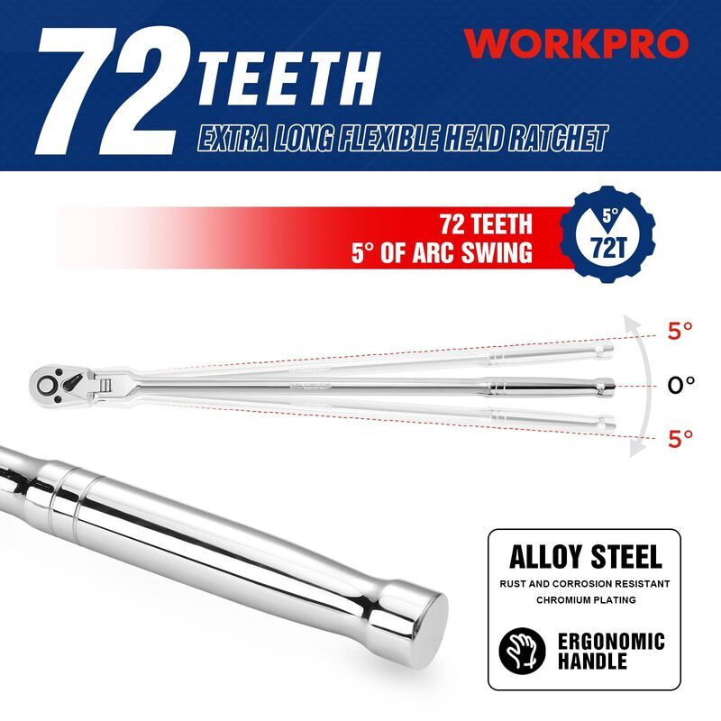 WORKPRO 3/8" Drive Extra Long Flex Head Ratchet 18Inch CR-V Steel Ratchet Handle gallery