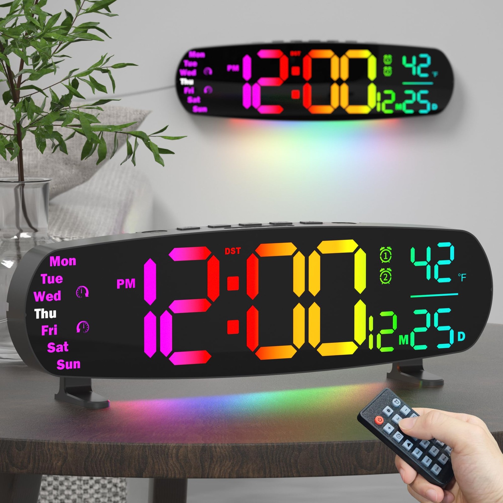 13.7 In Large Digital LED Wall Clock Temp Date Remote RGB Night Light Timer gallery
