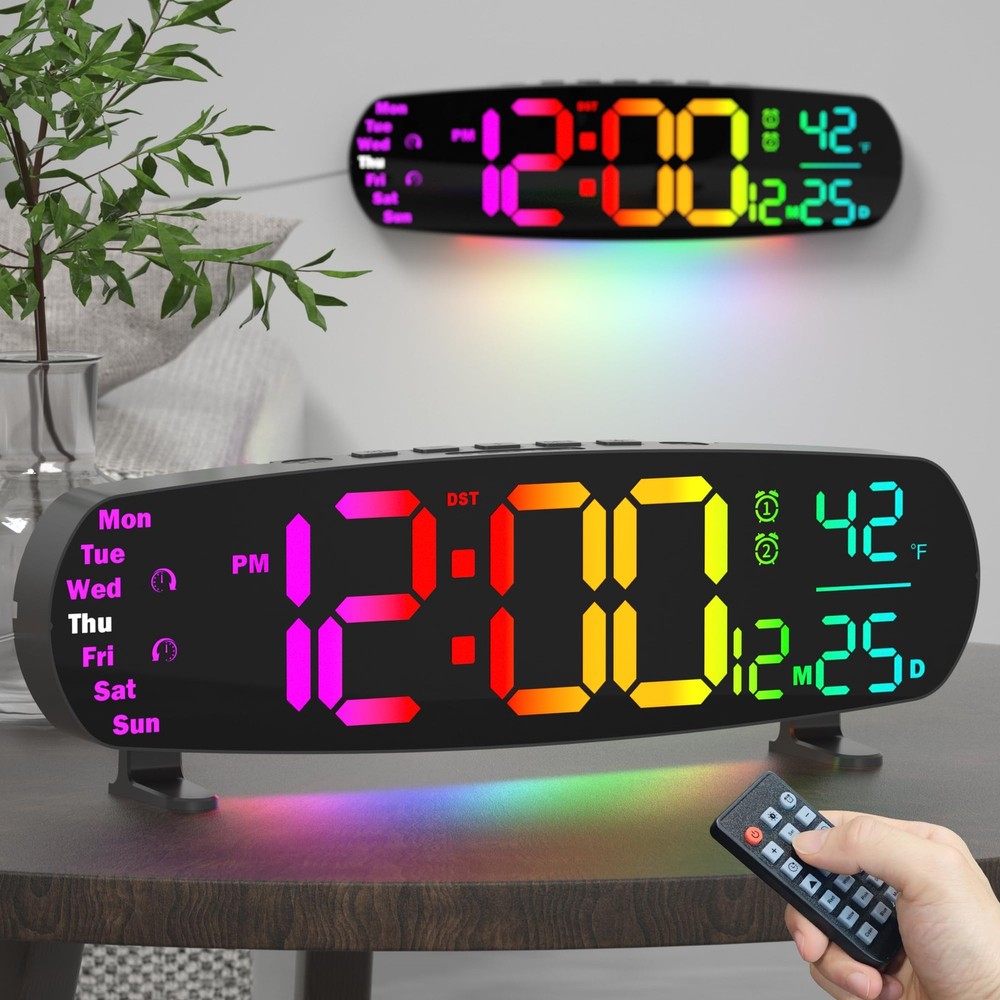 13.7 In Large Digital LED Wall Clock Temp Date Remote RGB Night Light Timer