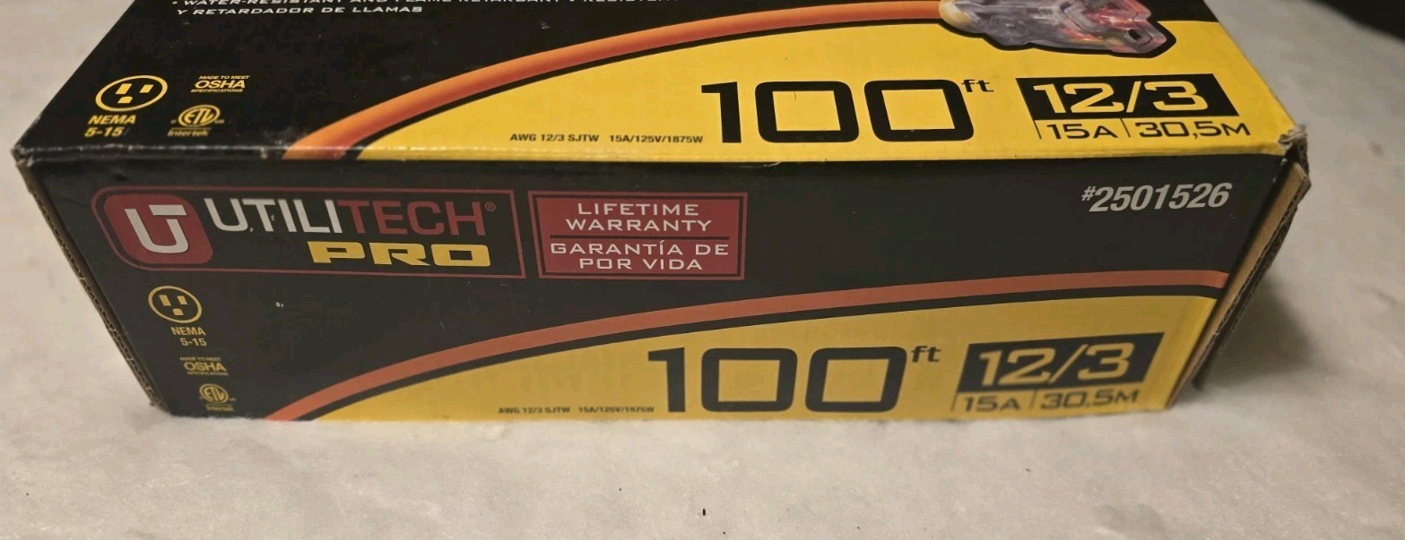 Utilitech Pro 100ft 12/3 SJTW Hi-Vis Orange Outdoor Extension Cord, Free Ship! gallery