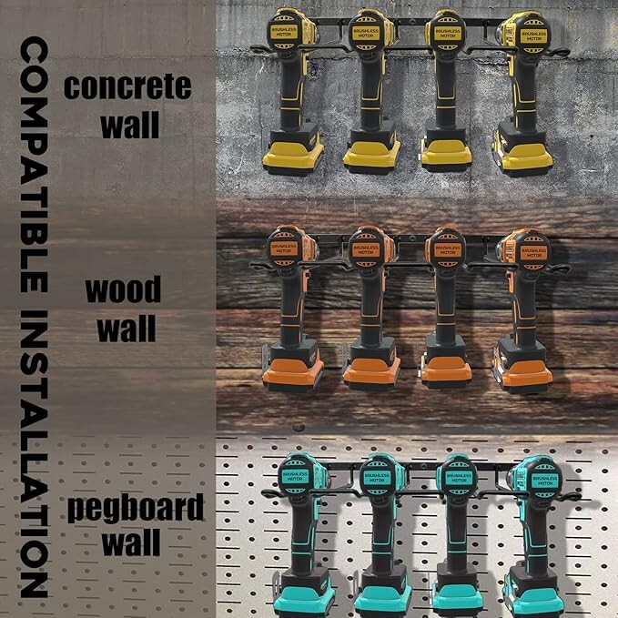 VCT DRILL HOLDER POWER TOOL ORGANIZER WALL MOUNT 4 CORDLESS METAL SHELF HOLDER gallery