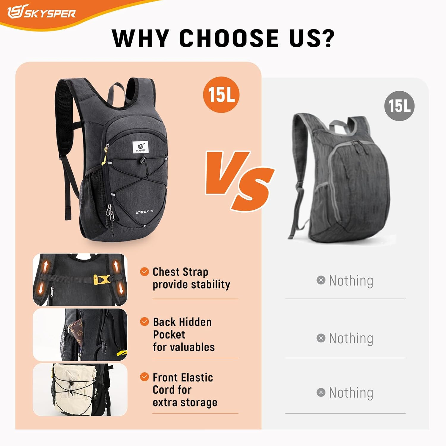 15L/20L Foldable Hiking Backpack Lightweight Packable Travel Daypack with Chest 5