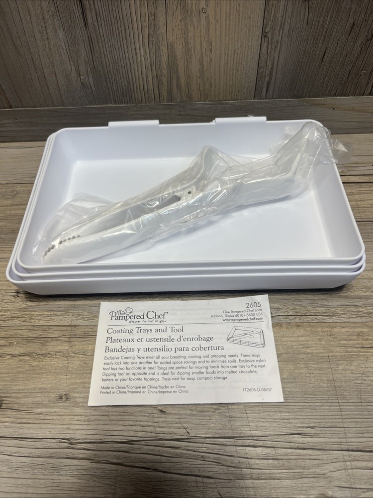 Pampered Chef Coating Breading Nesting Trays Prep #2605 - Set Of 3 W/ Tongs
