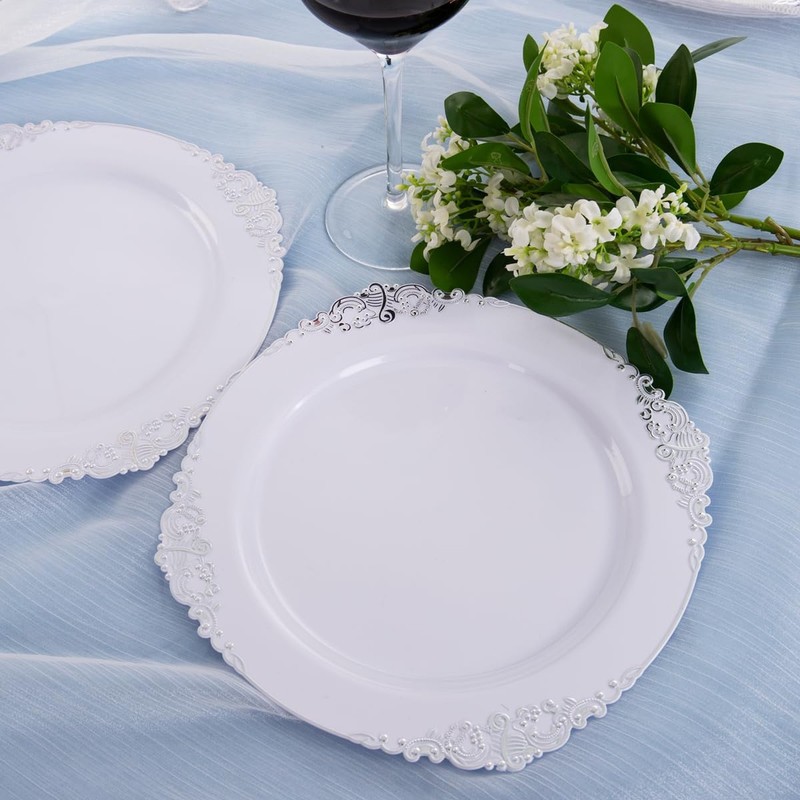 Hioasis 100pcs White Silver Plastic Plates - 10.25" Dinner Plates Disposable,... gallery