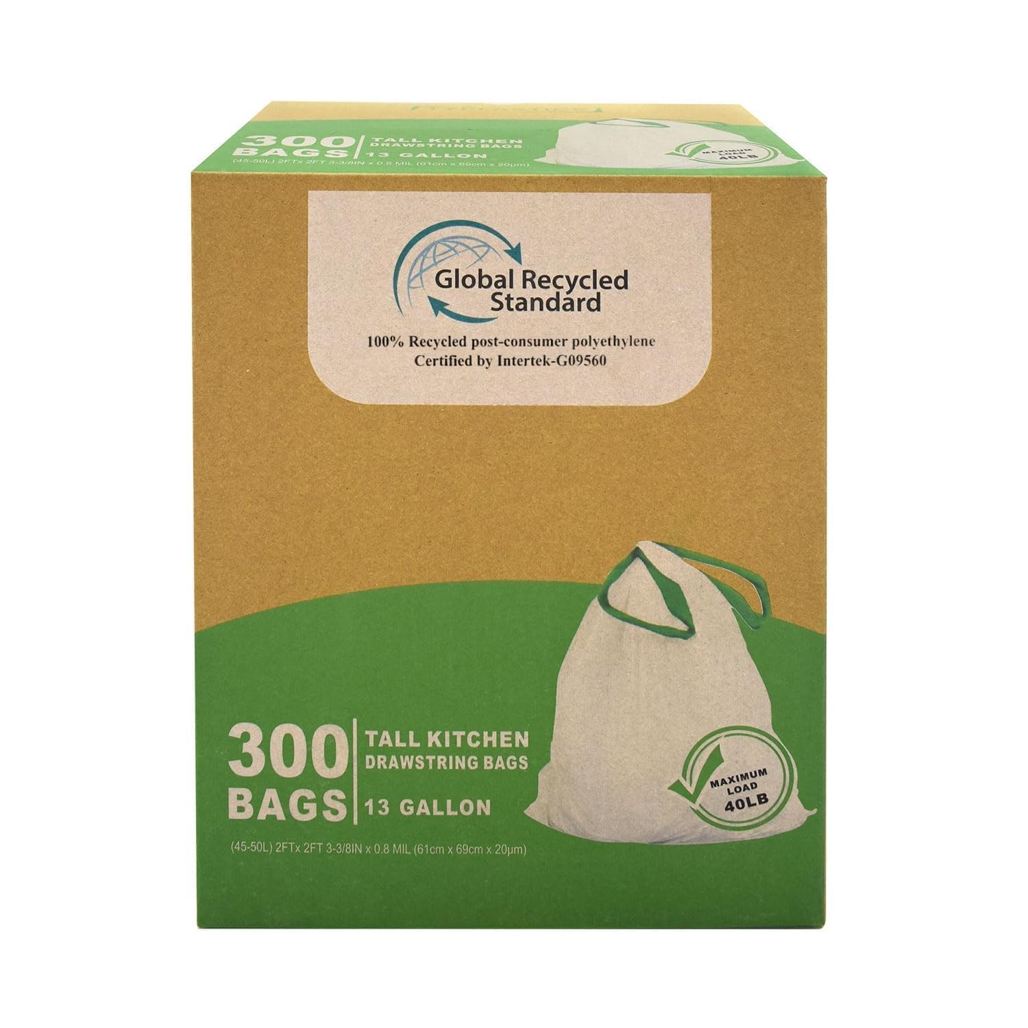 TYPLASTICS 300 Count 13 Gallon Tall Kitchen Drawstring Trash Bags, GRS Compli... gallery