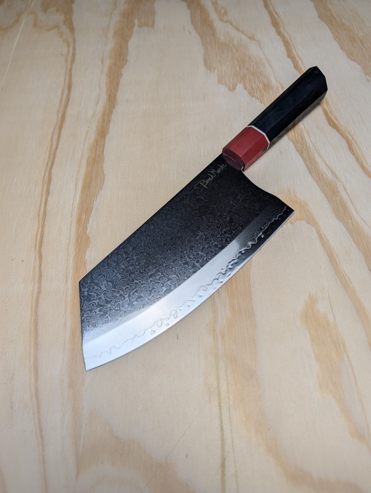 BenchMark Damascus Vegetable Chopper Black and Red G10 Handle