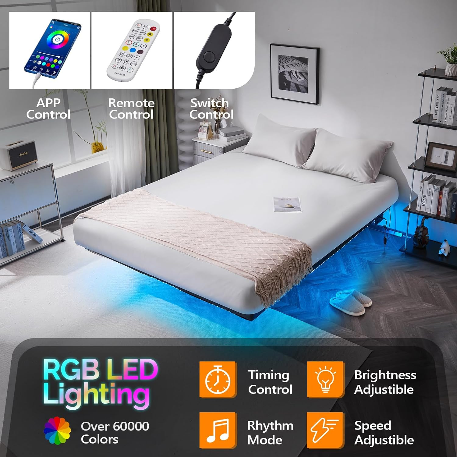 Floating Bed Frame Full Size with Smart LED Lights easy Assembly & Noise Free gallery
