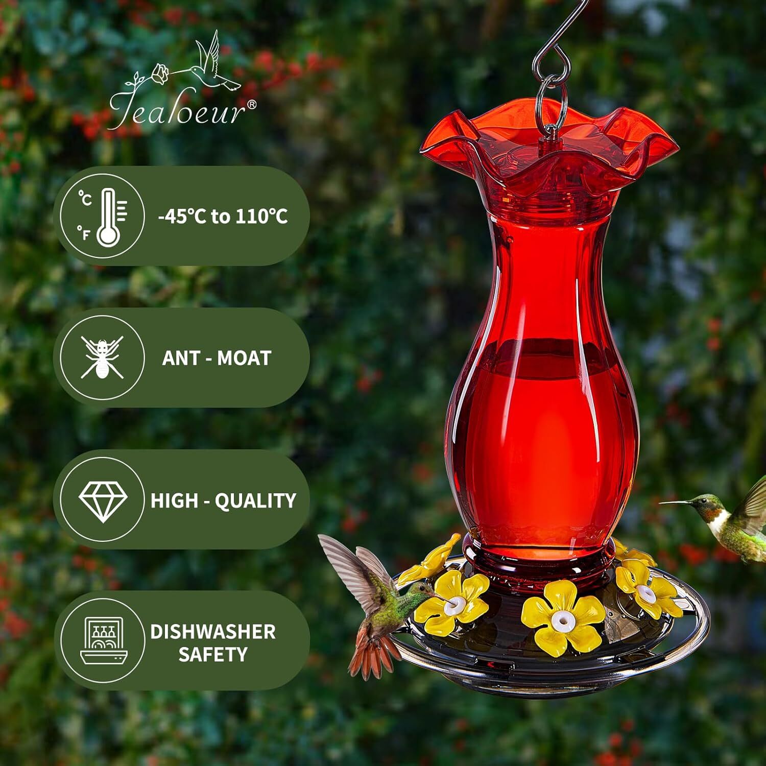 Hummingbird Feeder 18oz Outdoor Hanging Red with 6 Ports Bee Guards & Ant Moat gallery