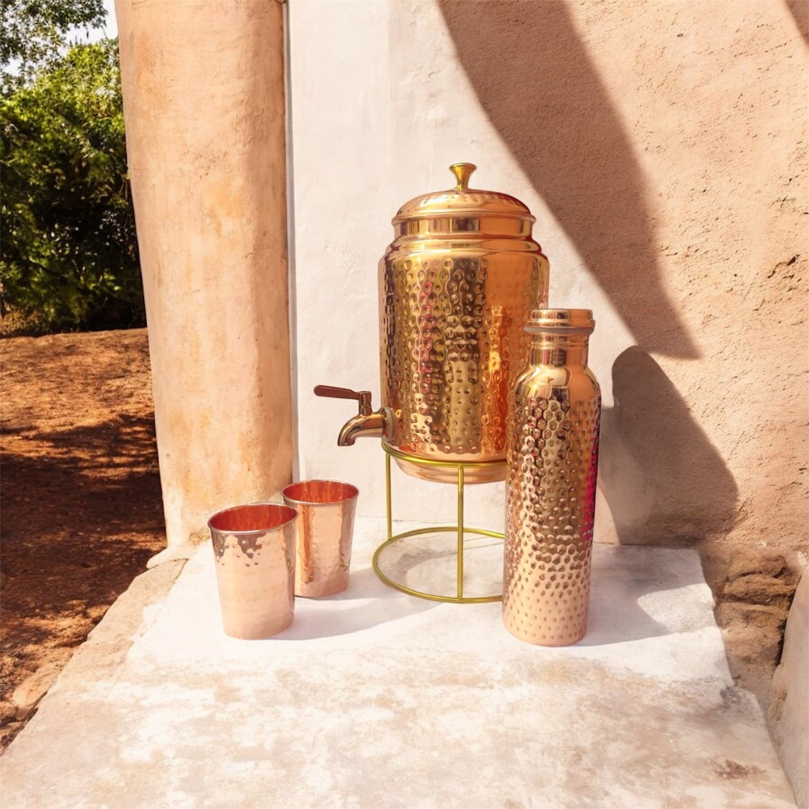 Pure Copper 5 Liter Dispenser Container Matka Tanki & Stand 2 Glass 1 Bottle Set gallery