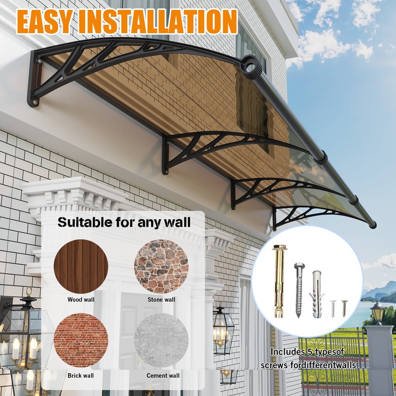 40/48/60/80" Solid Polycarbonate Awnings Door Canopy with Large Gutter Outdoor gallery