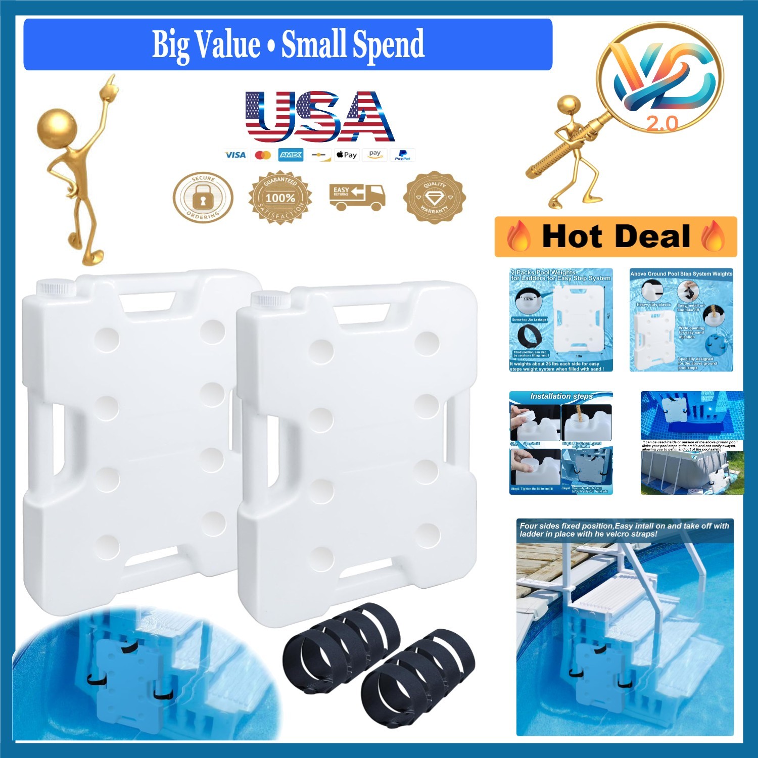 2 Pack Pool Ladder Weights for Above Ground Pools with Straps, 52lbs, White gallery