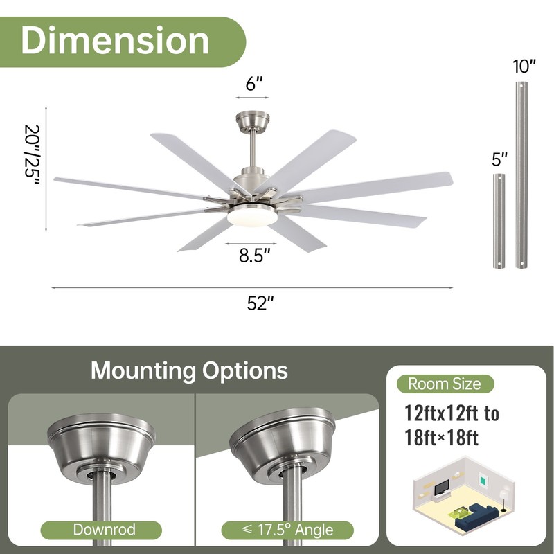 Nickel 52in Smart Ceiling Fan Compatible with Alexa/Google LED/Remote/APP/Voice gallery